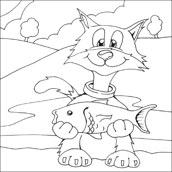 Cat holding fish coloring page