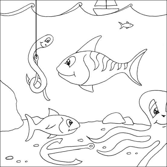 cartoon fishing. Three cartoon fish an octopus