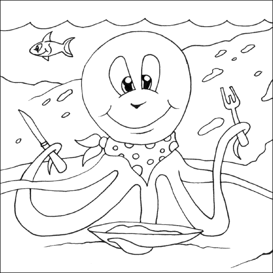 A free colouring pages features a happy Octopus sitting at the bottom of the 