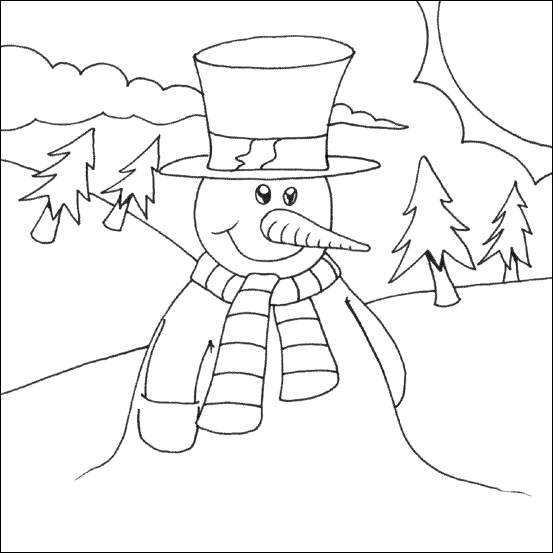 This happy looking snowman colouring page features a large snowman with a 