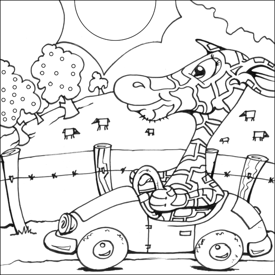 Giraffe Driving Colouring Picture